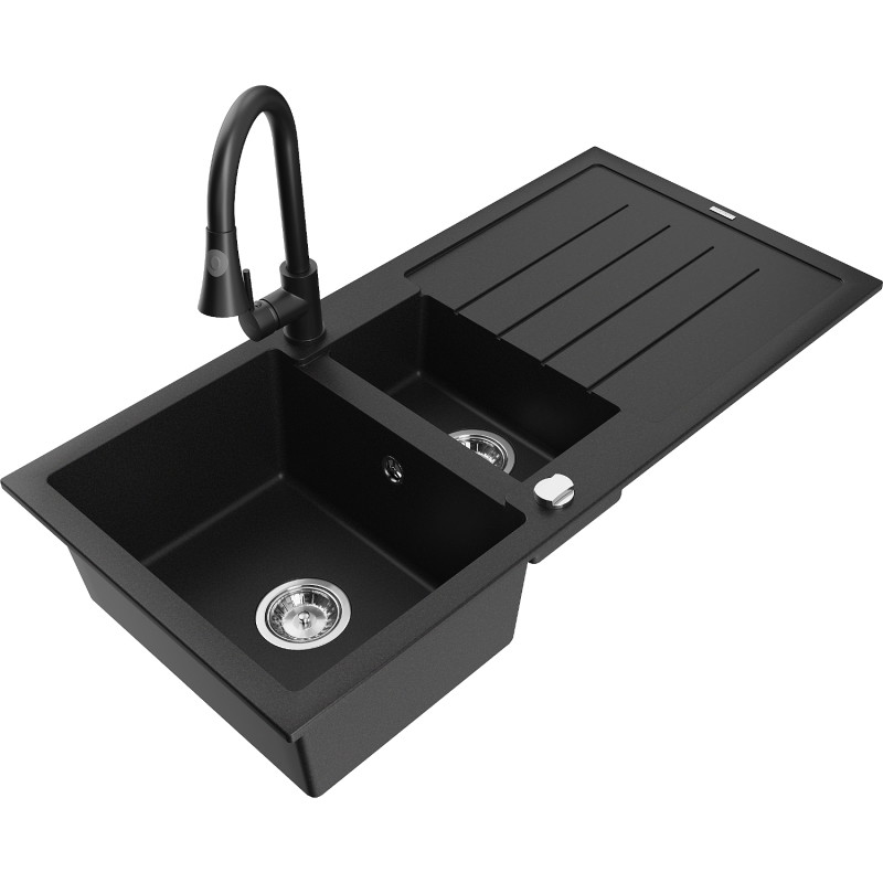 Mexen Andres granite sink 1.5-bowl with drainer and Elia kitchen faucet, black - 6515-77-670101-70