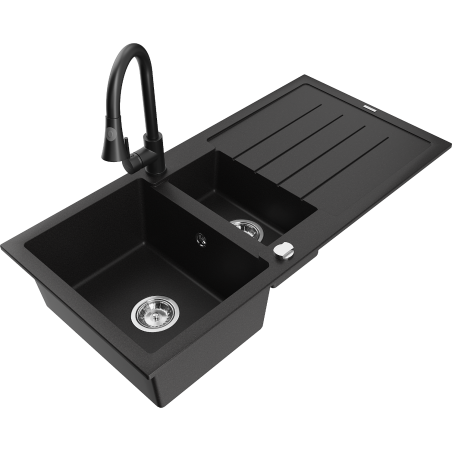 Mexen Andres 1.5-basin granite sink with drainer and Elia kitchen faucet, black - 6515-77-670101-70