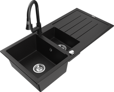 Mexen Andres 1.5-compartment granite sink with a drip tray and kitchen mixer tap Elia, Black - 6515-77-670101-70