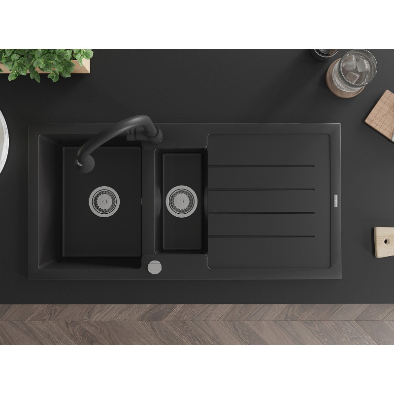 Mexen Andres 1.5-basin granite sink with drainer and Elia kitchen faucet, black - 6515-77-670101-70