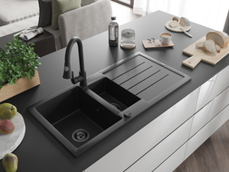 Mexen Andres granite sink 1.5-bowl with drainer and Elia kitchen tap, black - 6515-77-670101-70-B