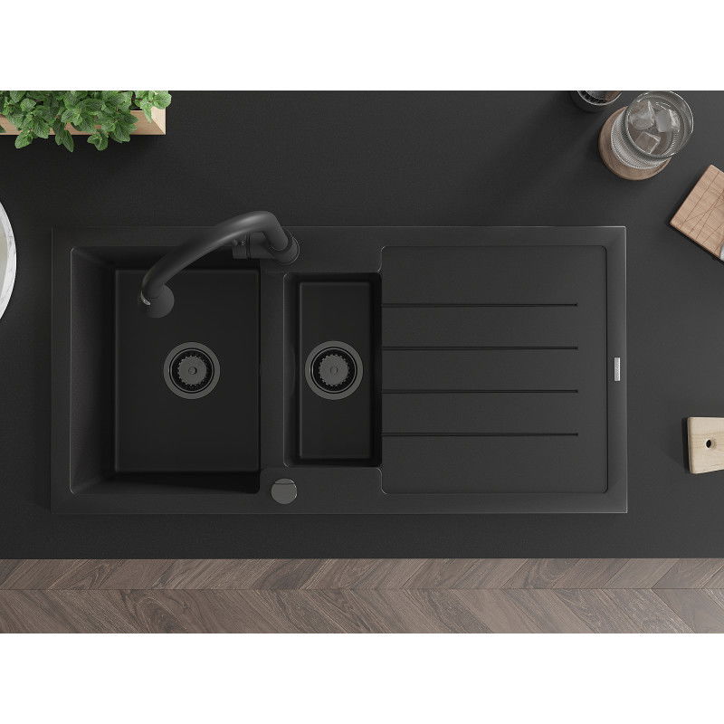 Mexen Andres granite sink 1.5-bowl with drainer and Elia kitchen tap, black - 6515-77-670101-70-B