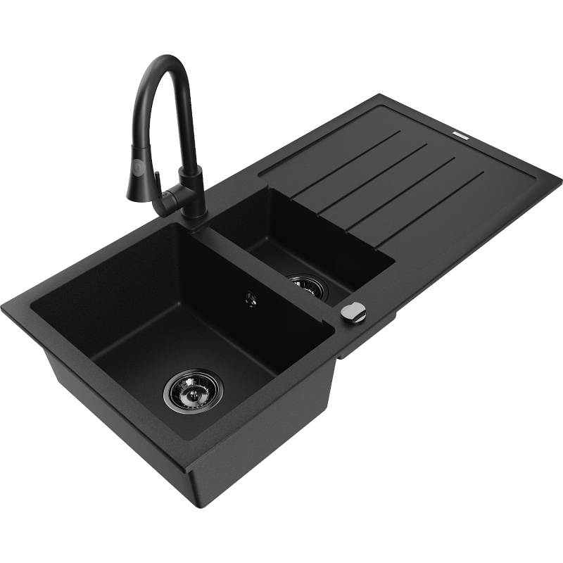 Mexen Andres 1.5-compartment granite sink with a drip tray and kitchen mixer tap Elia, Black - 6515-77-670101-70-B