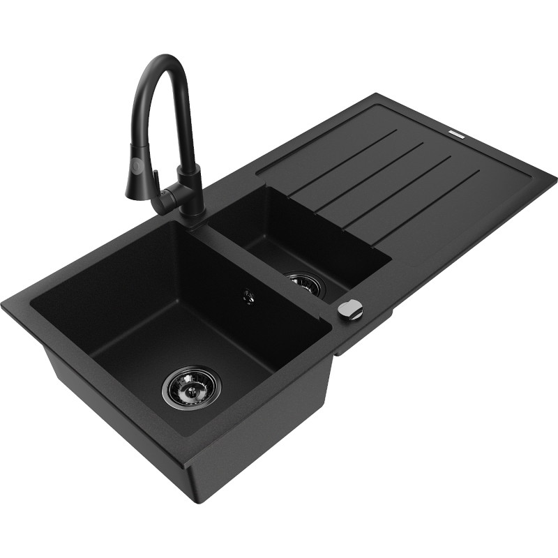Mexen Andres granite sink 1.5-bowl with drainer and kitchen faucet Elia, black - 6515-77-670101-70-B