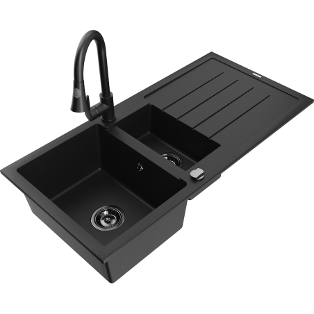Mexen Andres granite sink 1.5-bowl with drainer and Elia kitchen faucet, black - 6515-77-670101-70-B
