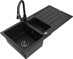 Mexen Andres 1.5-compartment granite sink with a drip tray and kitchen mixer tap Elia, Black - 6515-77-670101-70-B