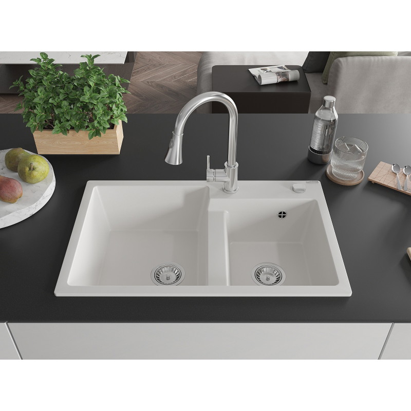 Mexen Tomas granit sink 2-chamber with Elia kitchen faucet, white - 6516-20-670101-00