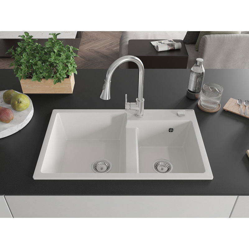 Mexen Tomas granite sink 2-chamber with Elia kitchen tap, white - 6516-20-670101-00