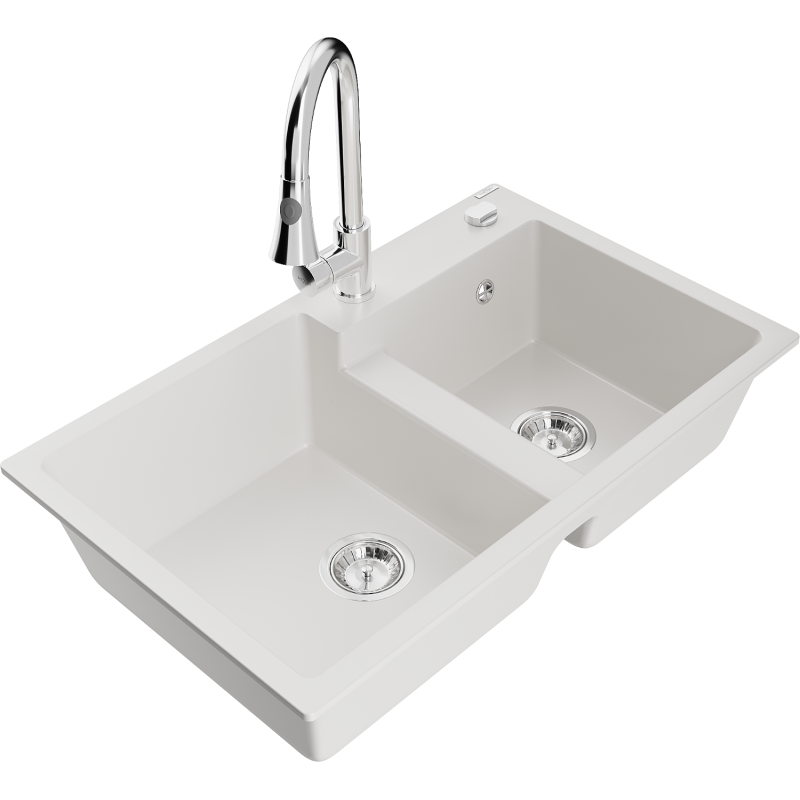 Mexen Tomas 2-compartment granite sink with a kitchen mixer tap Elia, White - 6516-20-670101-00