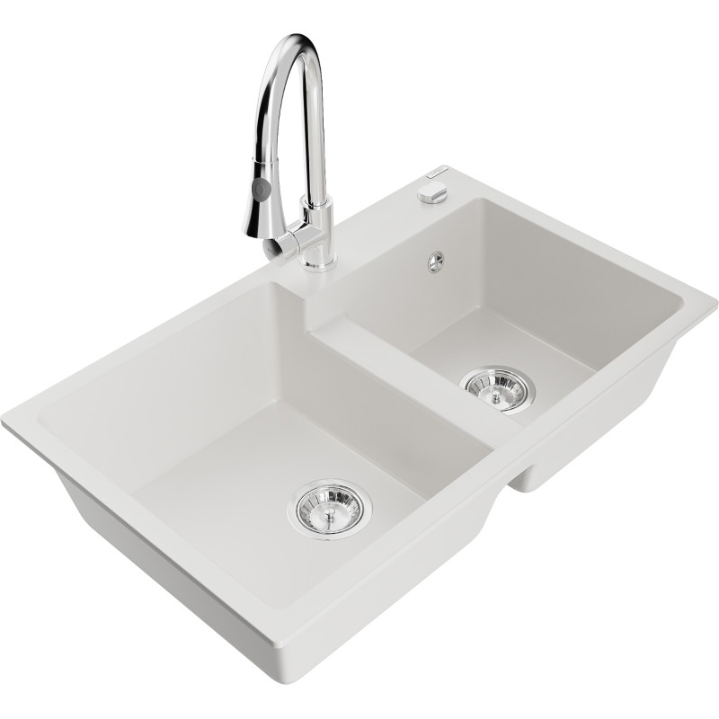Mexen Tomas granit sink 2-chamber with Elia kitchen faucet, white - 6516-20-670101-00