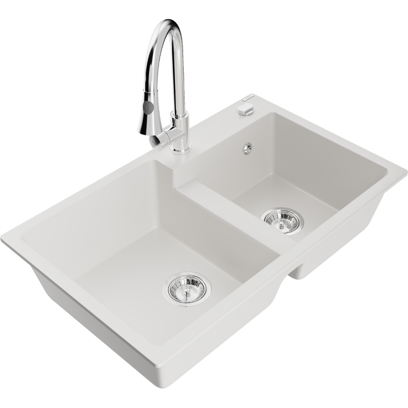 Mexen Tomas granite sink 2-chamber with Elia kitchen tap, white - 6516-20-670101-00
