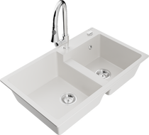 Mexen Tomas granit sink 2-chamber with Elia kitchen faucet, white - 6516-20-670101-00
