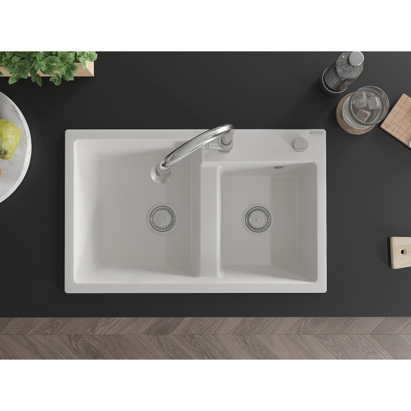 Mexen Tomas granite double-bowl sink with Elia kitchen faucet, white - 6516-20-670101-00