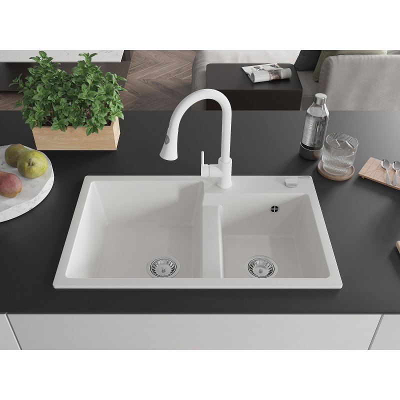 Mexen Tomas granite double-bowl sink with kitchen faucet Elia, white - 6516-20-670101-20