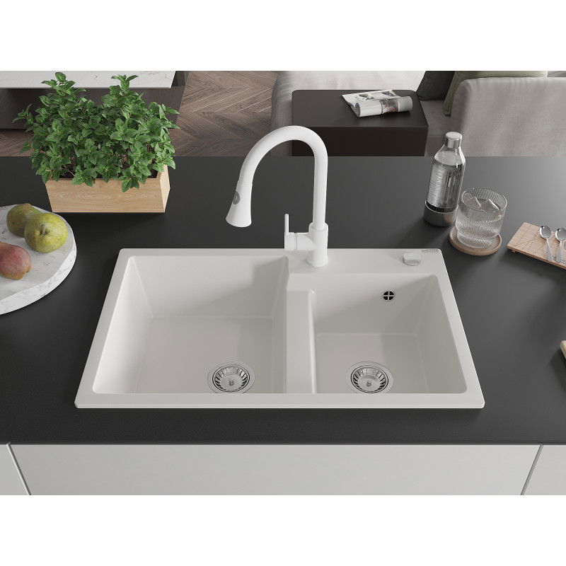 Mexen Tomas granite sink 2-bowl with Elia kitchen tap, white - 6516-20-670101-20
