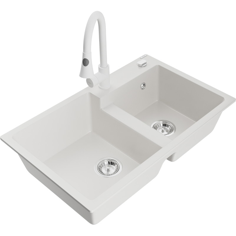 Mexen Tomas 2-bowl granite kitchen sink with Elia faucet, white - 6516-20-670101-20