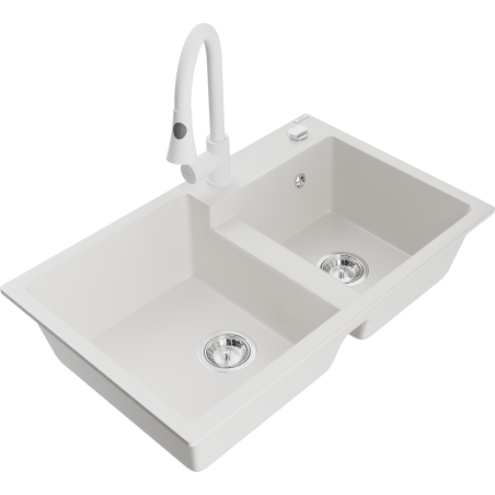 Mexen Tomas granite double-bowl sink with kitchen faucet Elia, white - 6516-20-670101-20
