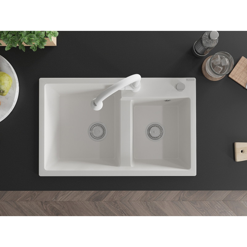 Mexen Tomas granite double-bowl sink with kitchen faucet Elia, white - 6516-20-670101-20