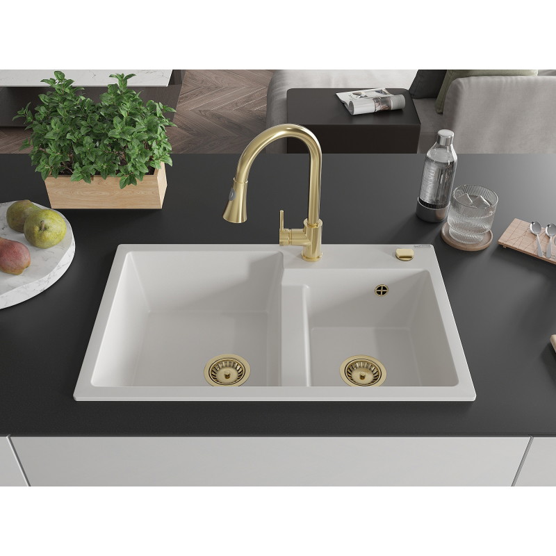 Mexen Tomas 2-bowl granite sink with Elia kitchen faucet, white - 6516-20-670101-50