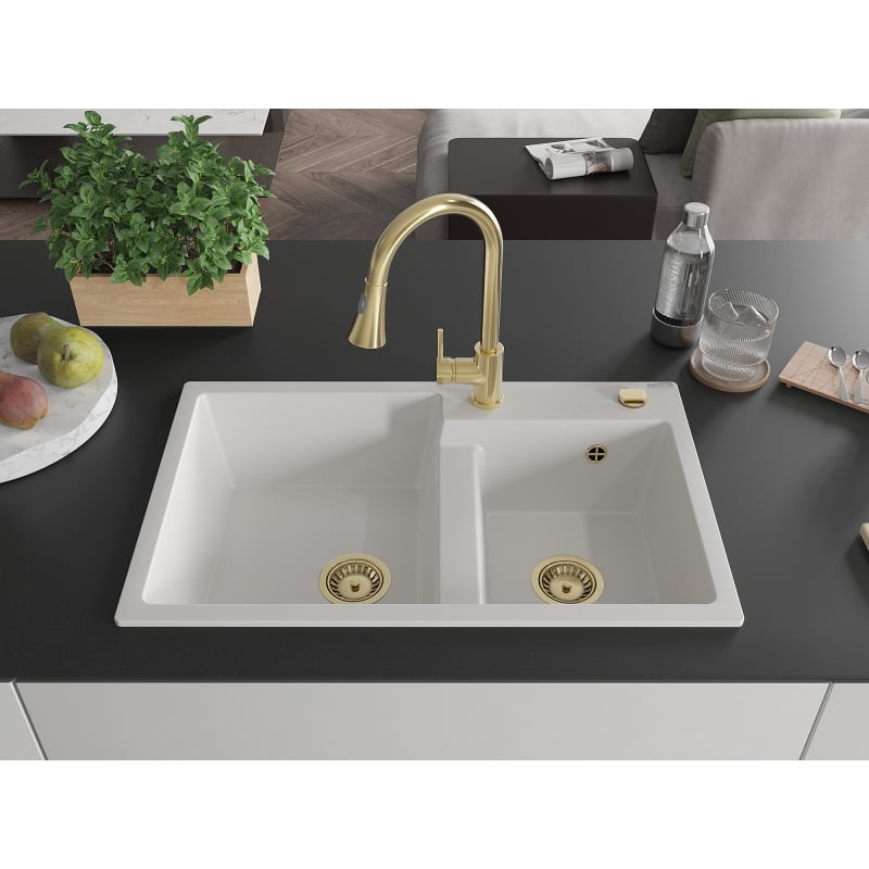 Mexen Tomas granite sink 2-chamber with Elia kitchen faucet, white - 6516-20-670101-50