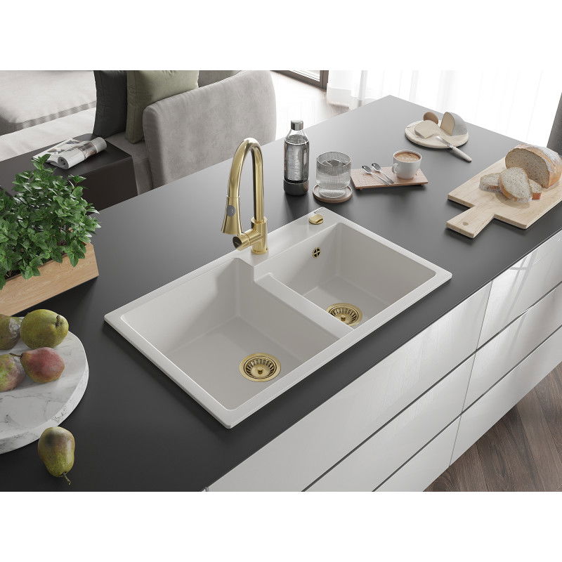 Mexen Tomas granite kitchen sink with 2 bowls and Elia kitchen tap, white - 6516-20-670101-50