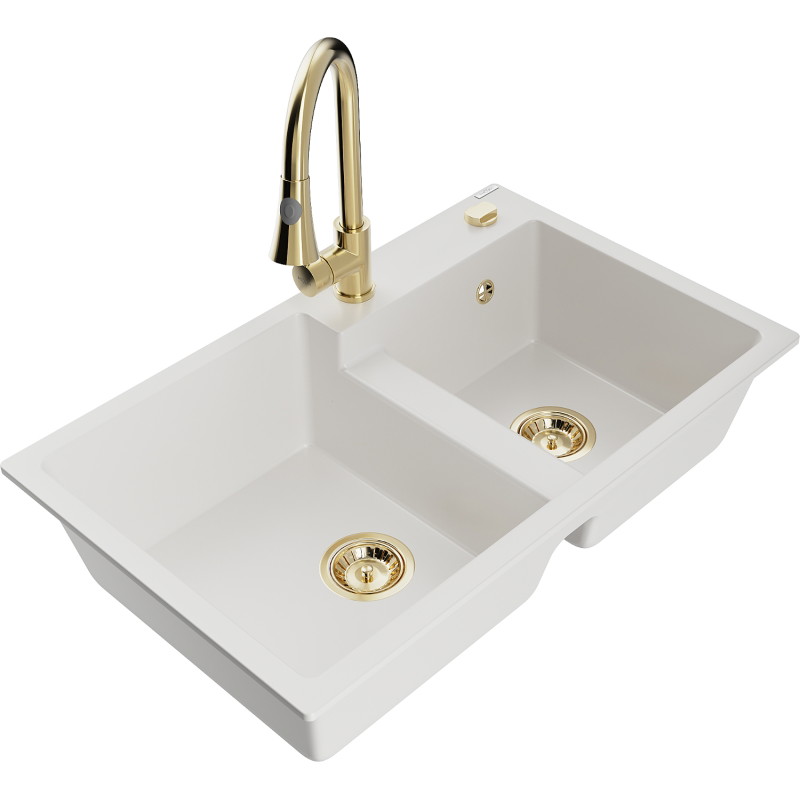 Mexen Tomas 2-bowl granite sink with Elia kitchen faucet, white - 6516-20-670101-50