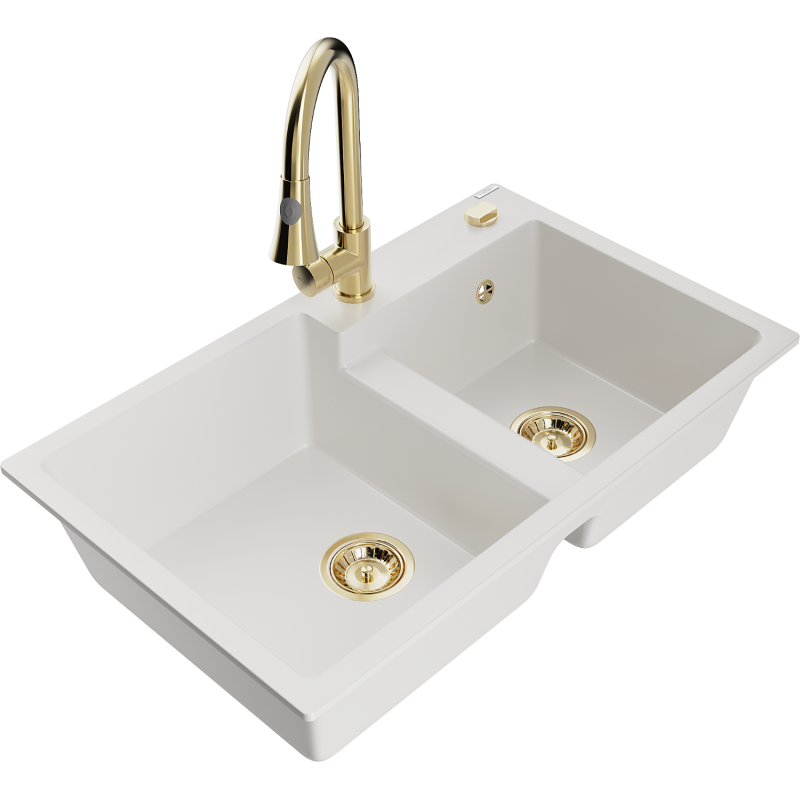 Mexen Tomas 2-compartment granite sink with a kitchen mixer tap Elia, White - 6516-20-670101-50