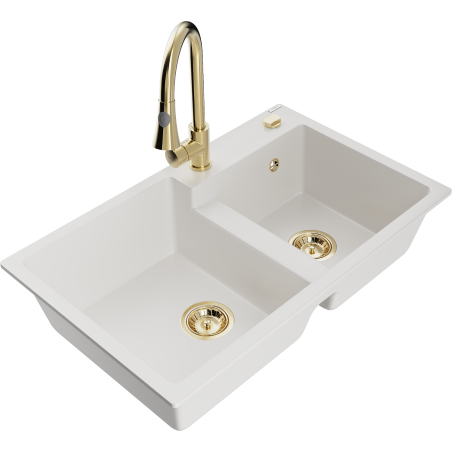 Mexen Tomas 2-bowl granite sink with Elia kitchen faucet, white - 6516-20-670101-50