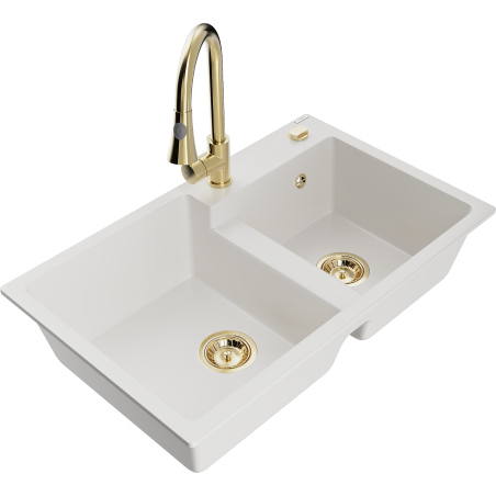 Mexen Tomas granite kitchen sink with 2 bowls and Elia kitchen tap, white - 6516-20-670101-50