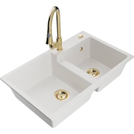 Mexen Tomas granite sink 2-chamber with Elia kitchen faucet, white - 6516-20-670101-50