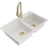 Mexen Tomas 2-bowl granite sink with Elia kitchen faucet, white - 6516-20-670101-50