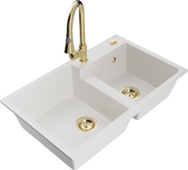 Mexen Tomas 2-bowl granite sink with Elia kitchen faucet, white - 6516-20-670101-50