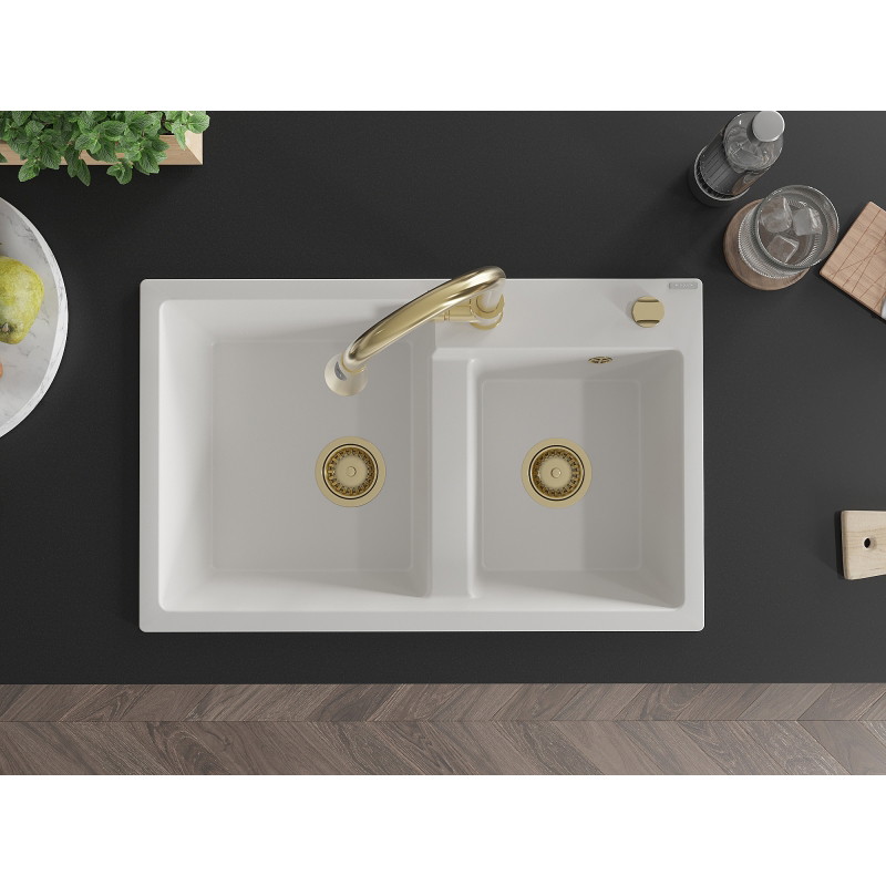 Mexen Tomas 2-bowl granite sink with Elia kitchen faucet, white - 6516-20-670101-50