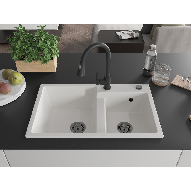 Mexen Tomas 2-compartment granite sink with Elia kitchen faucet, white - 6516-20-670101-70