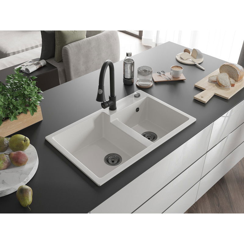 Mexen Tomas 2-basin granite sink with Elia kitchen tap, white - 6516-20-670101-70