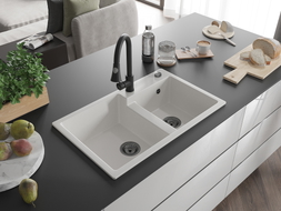 Mexen Tomas granite kitchen sink 2-bowl with Elia kitchen faucet, white - 6516-20-670101-70