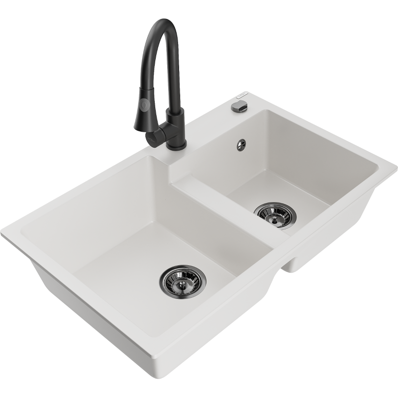 Mexen Tomas 2-compartment granite sink with a kitchen mixer tap Elia, White - 6516-20-670101-70