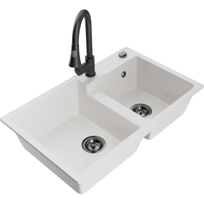 Mexen Tomas 2-compartment granite sink with Elia kitchen faucet, white - 6516-20-670101-70