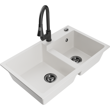 Mexen Tomas 2-basin granite sink with Elia kitchen tap, white - 6516-20-670101-70