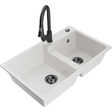 Mexen Tomas 2-compartment granite sink with Elia kitchen faucet, white - 6516-20-670101-70