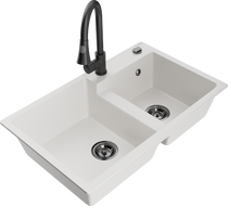 Mexen Tomas granite kitchen sink 2-bowl with Elia kitchen faucet, white - 6516-20-670101-70