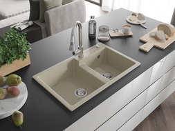 Mexen Tomas 2-bowl granite sink with Elia kitchen tap, beige - 6516-69-670101-00