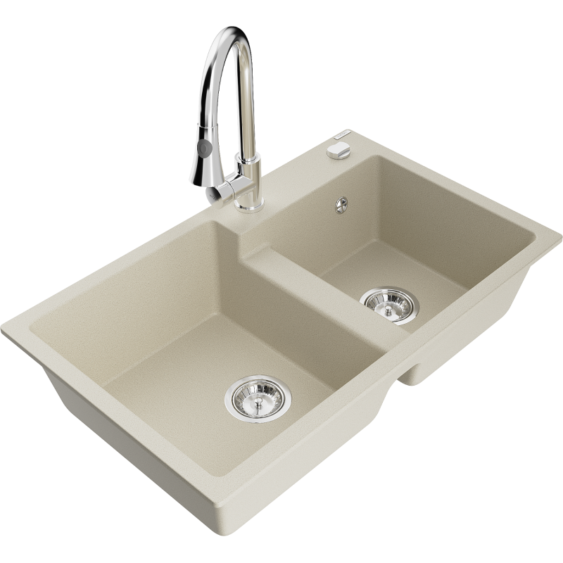 Mexen Tomas 2-bowl granite sink with Elia kitchen tap, beige - 6516-69-670101-00