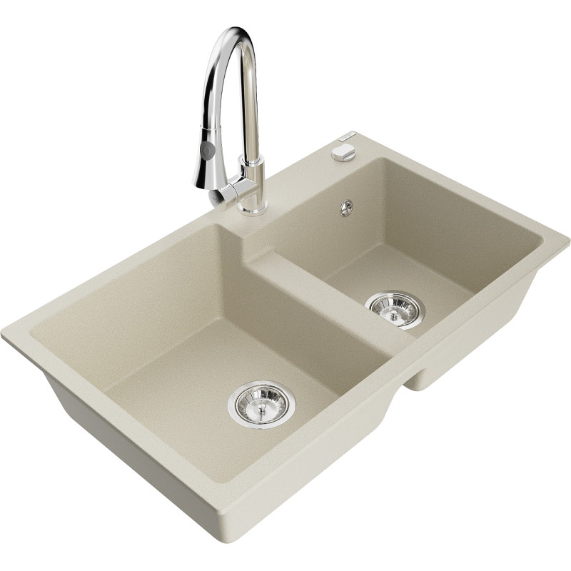 Mexen Tomas 2-compartment granite kitchen sink with Elia faucet, beige - 6516-69-670101-00