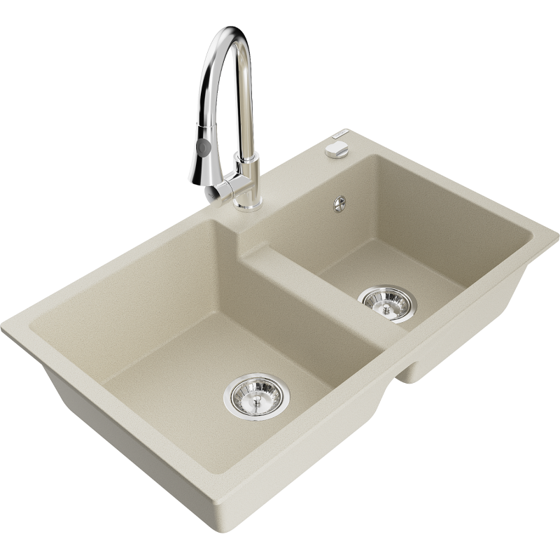 Mexen Tomas 2-compartment granite sink with a kitchen mixer tap Elia, Beige - 6516-69-670101-00