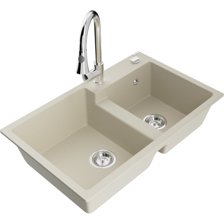 Mexen Tomas 2-bowl granite kitchen sink with Elia faucet, beige - 6516-69-670101-00