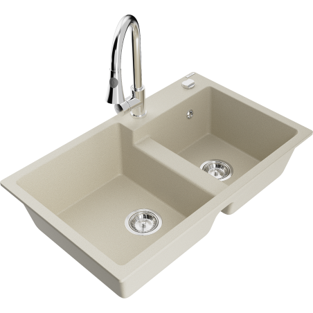 Mexen Tomas 2-bowl granite sink with Elia kitchen tap, beige - 6516-69-670101-00