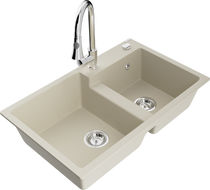 Mexen Tomas 2-bowl granite sink with Elia kitchen tap, beige - 6516-69-670101-00