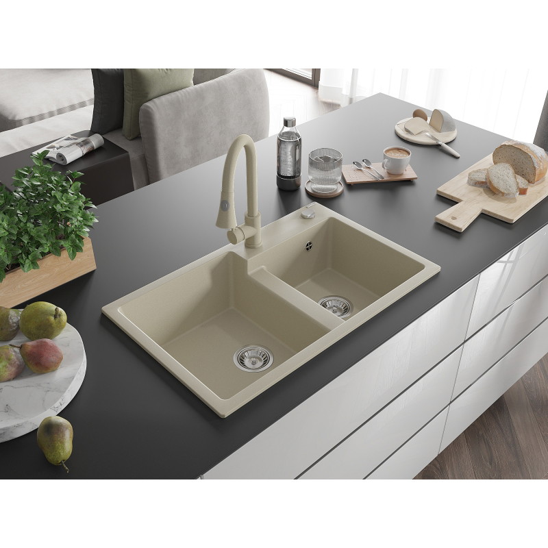 Mexen Tomas granite double-bowl sink with Elia kitchen faucet, beige - 6516-69-670101-69