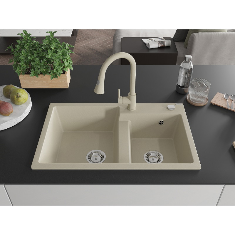 Mexen Tomas 2-chamber granite sink with Elia kitchen faucet, beige - 6516-69-670101-69